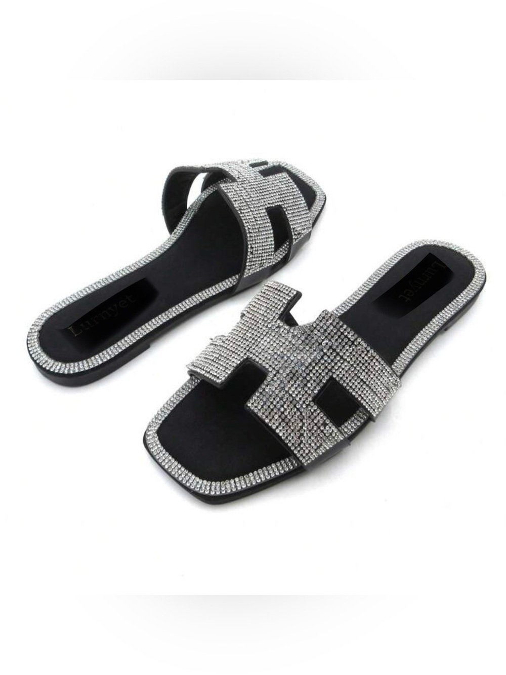 🔵H- ROUGE Black Slide Sandals with Rhinestone Trim